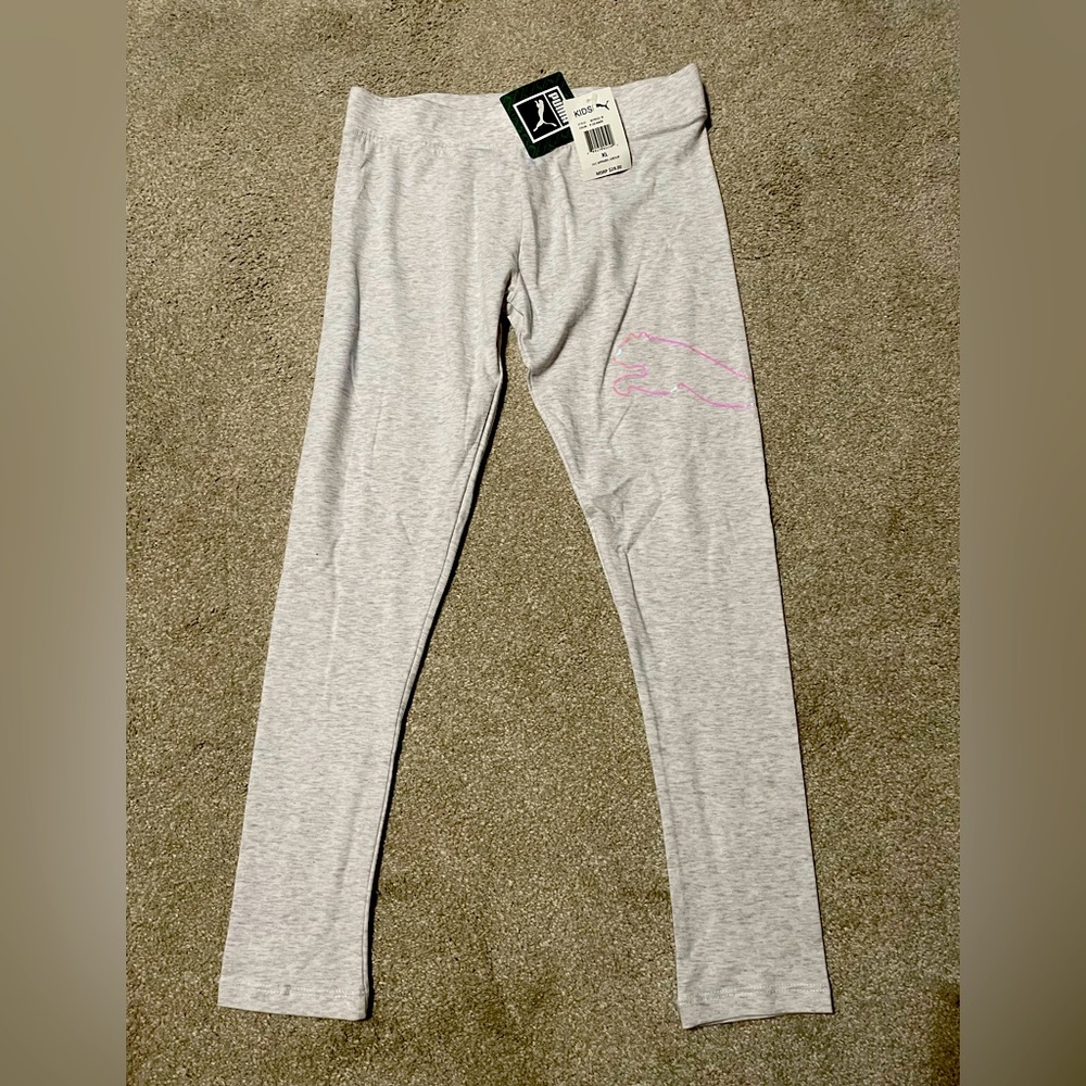 NWT girls light gray Puma leggings size XL (16) with pink/purple iridescent logo